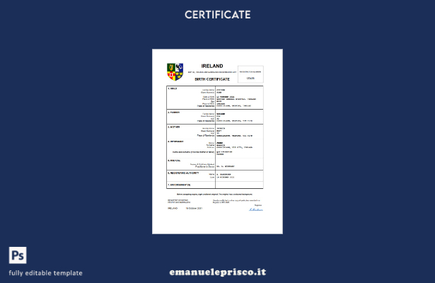certificato di nascita irlandese in stile verificato modello Word e PDF
